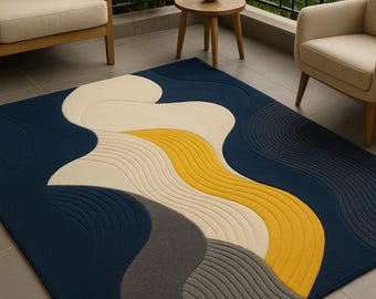 Handgetuft wollen tapijt, abstract wervelpatroon, marineblauw mosterdkleurig tapijt