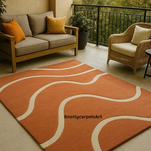 Handmade Burnt Orange and Ivory Wavy Lines Area Rug, Modern Hand-Tufted Wool Carpet for Living Room, Abstract Design, Custom Size Available