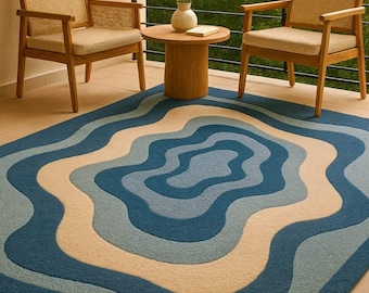 Moderner blauer Wellenteppich | Handgetufteter Teppich mit Meereswellenmuster | Zeitgenössische minimalistische Wohnaccessoires für Terrasse und Wohnzimmer