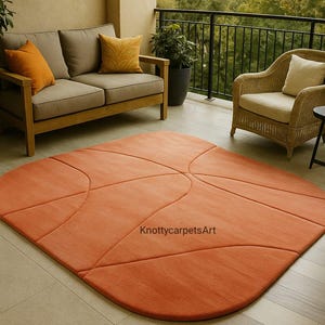 Orange Abstract Hand-Tufted Rug | Modern Geometric Indoor/Outdoor Area Rug | Unique Shape Accent Carpet | Terracotta Living Room Decor |