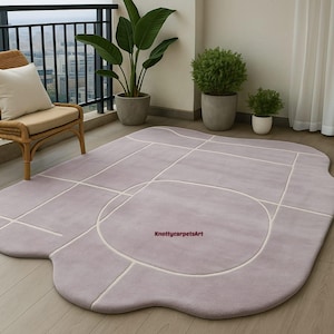 Hand Tufted Abstract Lavender Area Rug | Irregular Geometric Design Carpet | Lilac Shaped Floor Mat]Modern Lilac Organic Rug |