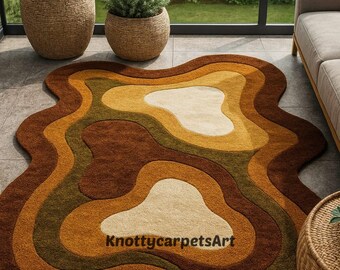 Hand Tufted Wool Rug: 70s Retro Abstract Wavy Design,Irregular Shape Rug,Wavy Rug,