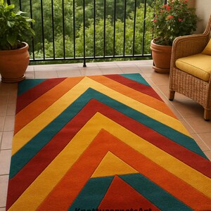 Geometric Chevron Pattern Area Rug, Modern Hand-Tufted Wool Carpet for Living Room and Patio, Colorful Bohemian Decor,