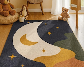 Hand Tufted Moon and Stars Kids Rug: Celestial Nursery Decor
