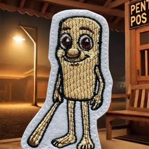 Può includere: Toppa ricamata raffigurante un personaggio dei cartoni animati con corpo marrone, occhi marroni e un viso sorridente. Il personaggio tiene in mano una mazza da baseball marrone ed è delineato da un bordo bianco. Per abbigliamento o accessori.