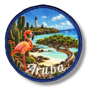 Aruba Travel Patch – Embroidered Flamingo, Lighthouse, Cacti (Iron-On)