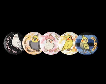 Set of 5 Pin Buttons – Cute Kawaii Cockatiel Parrot Pins – Bird Accessories – Funny Pet Bird Lover Gift – Whimsical Animal Badge pin Set