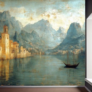 Lakeside Town Wallpaper Mural: Romantic Mountain & Sailboat Scene