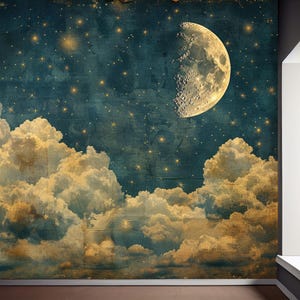 Vintage Night Sky Wallpaper Mural: Crescent Moon, Stars, Clouds