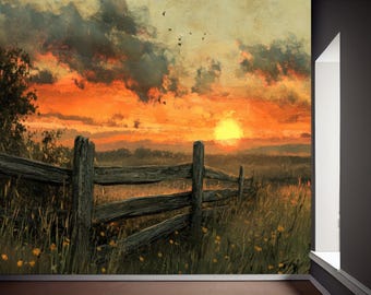 Könnte beinhalten: Landschaftsgemälde mit Sonnenuntergang über einem Feld mit Holzzaun. Der Himmel ist mit orange-gelben Farbtönen gefüllt, mit dunklen Wolken und Vögeln im Flug. Der Vordergrund zeigt hohes Gras und Wildblumen.