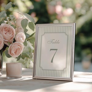 Sage Green Stripe Table Numbers Template, Canva Editable Wedding Table Number Cards 1–16, Elegant Printable Reception Seating Signs, GRST