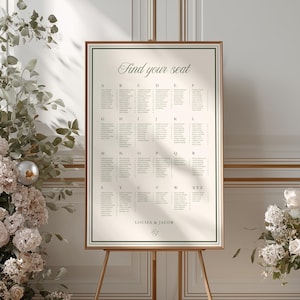 Peut inclure: Un panneau de plan de table de mariage rectangulaire avec un fond crème, une bordure vert foncé et le texte "Find your seat" en haut. Le panneau liste les noms des invités sous des en-têtes alphabétiques et affiche "Louise & Jacob".