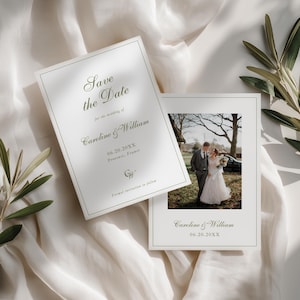 May include: A white Save the Date card featuring the text Save the Date for the wedding of Caroline & William 06.20.20XX, Provence, France, and a second card displaying a photograph of a couple and the names Caroline & William 06.20.20XX.