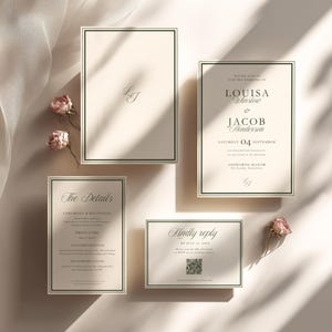May include: A set of ivory wedding stationery with a dark green border. The set includes an invitation, details card, reply card, and a card with initials. Dried pink roses are scattered around the cards.