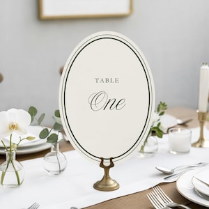 Puede incluir: Un letrero de mesa ovalado con fondo color crema y un borde de doble línea verde oscuro. El texto dice "TABLE" en una fuente sans-serif simple sobre la palabra "One" en una fuente cursiva decorativa, sostenido por un soporte de latón.