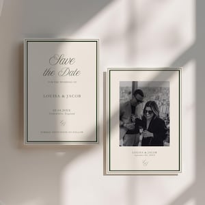 May include: Two framed wedding announcements. The left announcement reads "Save the Date" with the names Louisa & Jacob and the date. The right announcement is a black and white photo of a couple with the names Louisa & Jacob and the date.