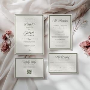 Modello di invito di nozze senza tempo, set di partecipazioni di nozze di lusso in stile old money, pacchetto di inviti minimalisti color crema, modificabile su Canva, TLGR