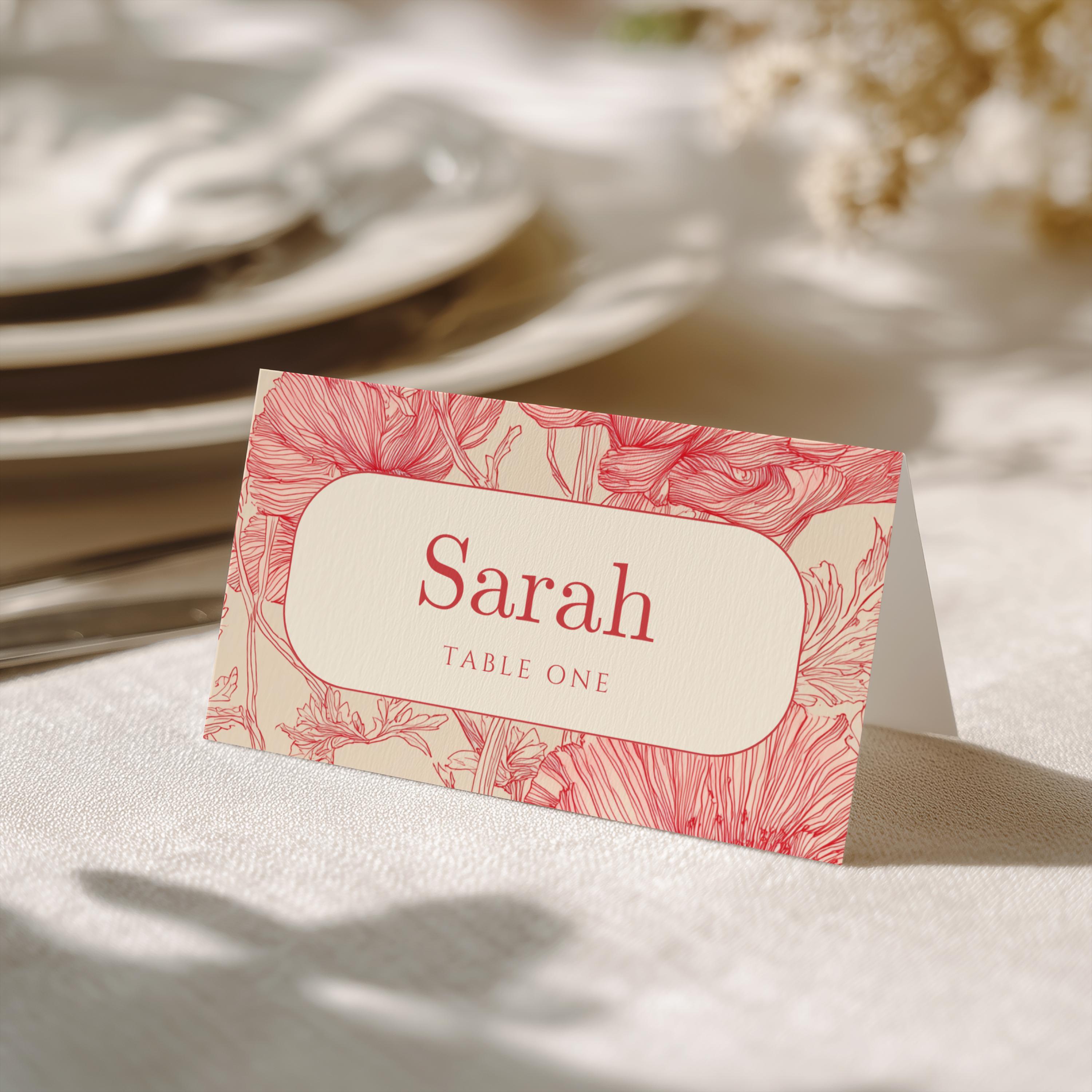 Vintage Red Folded Place Card Template, Tented Printable Name Cards