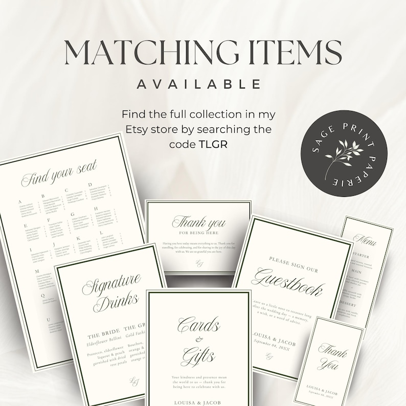 Pu&ograve; includere: Una collezione di articoli di cancelleria per matrimoni color bianco sporco con testo e bordi neri. Gli articoli includono un tableau de mariage, un cartello per le bevande, biglietti di ringraziamento, un cartello per il guestbook e un menu. Testo: MATCHING ITEMS AVAILABLE.