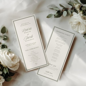 May include: Two off-white wedding ceremony programs with dark green borders and black serif text. The left card reads Welcome to the Wedding of Louisa Winslow & Jacob Henderson, Ashworth Manor, September 4, 202X. The right card lists the Wedding Party.