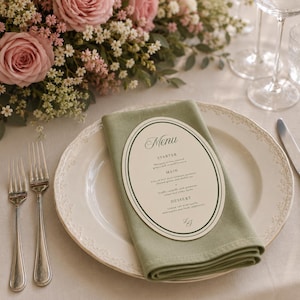 Pu&ograve; includere: Un menu di carta di forma ovale con testo nero e bordo verde scuro, appoggiato su un tovagliolo di stoffa verde salvia piegato. Il tovagliolo &egrave; posizionato su un piatto in ceramica color crema con bordo decorativo, accompagnato da due forchette.