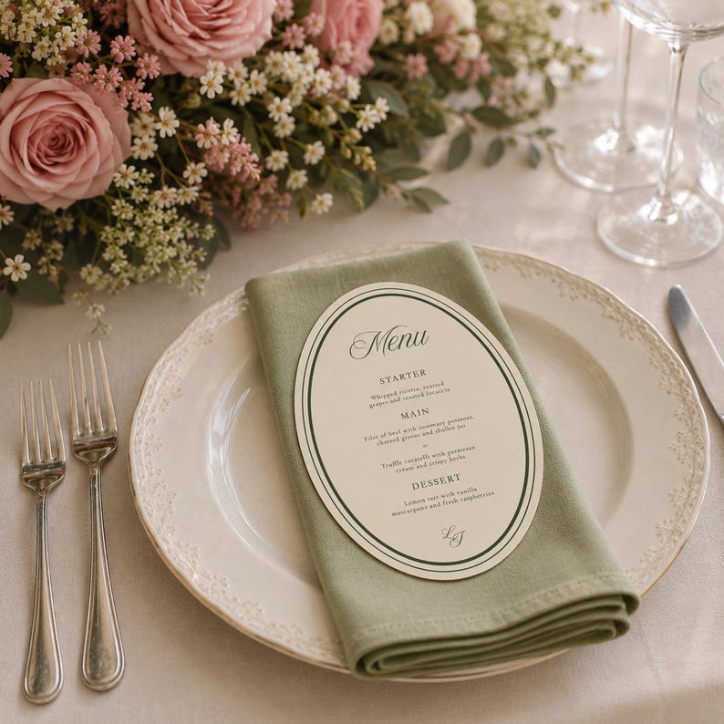 Pu&ograve; includere: Un menu di carta di forma ovale con testo nero e bordo verde scuro, appoggiato su un tovagliolo di stoffa verde salvia piegato. Il tovagliolo &egrave; posizionato su un piatto in ceramica color crema con bordo decorativo, accompagnato da due forchette.
