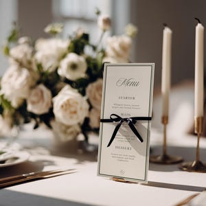 May include: Elegant table setting with a menu card, candles, and floral arrangement. The menu card is tied with a black ribbon and features the word "Menu" at the top. Gold-toned cutlery and candle holders add a touch of luxury.