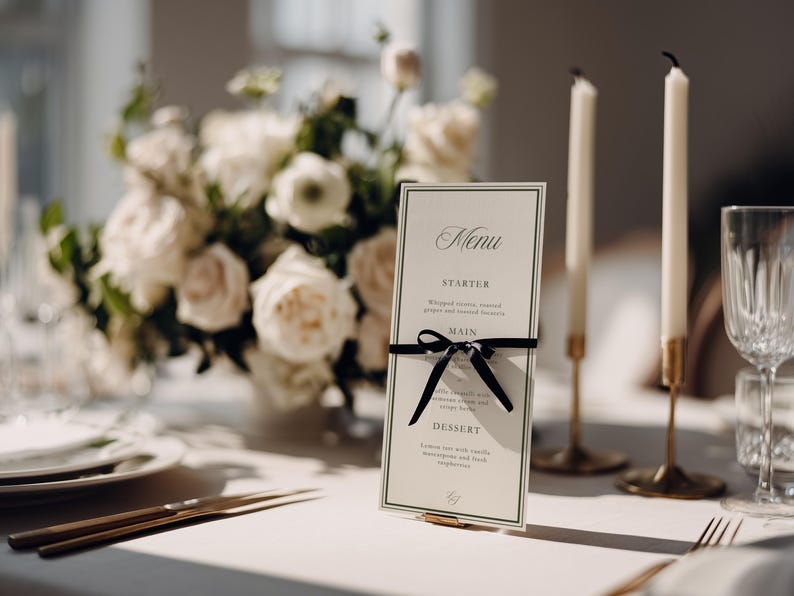 May include: Elegant table setting with a menu card, candles, and floral arrangement. The menu card is tied with a black ribbon and features the word "Menu" at the top. Gold-toned cutlery and candle holders add a touch of luxury.