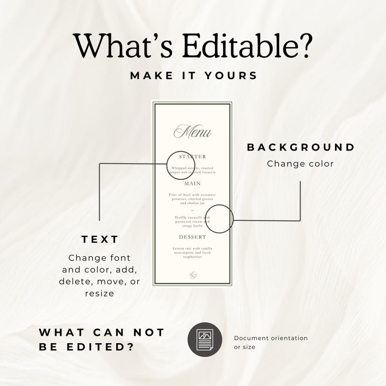 May include: A digital menu template with the text "What's Editable?" and "Make it Yours." The menu features sections for Starter, Main, and Dessert. Text, background color, and font can be edited. Document orientation and size cannot be edited.