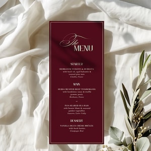 Old Money Wedding Menu Template, Burgundy & Creme Elegant Wedding Menu, Classic Reception Menu Card, Printable and Editable in Canva, BUR01