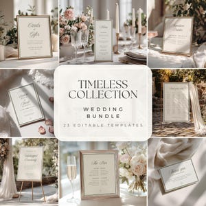 Pode incluir: Um conjunto de papelaria de casamento com 23 modelos editáveis em fundo creme e borda preta. A coleção inclui placas para cartões e presentes, menus, bebidas, planos de mesa, cerimónias, menus de bar e cartões de agradecimento.