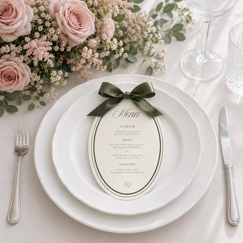 Modello di menu di nozze ovale senza tempo, elegante menù crema e verde, menù per ricevimento di nozze modificabile su Canva, lusso e ricchezza tradizionale, TLGR immagine 2