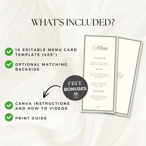 May include: An elegant menu card template (4x9 inches) with a cream-colored background and a dark green border. The menu includes starter, main, and dessert options. The image also includes a list of included items and free bonuses.