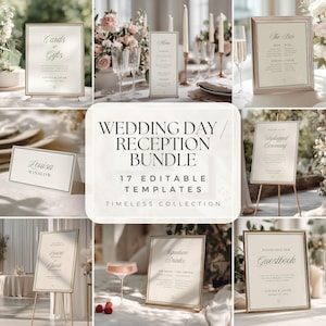 May include: A wedding day reception bundle featuring 17 editable templates with cream-colored paper and black text. The collection includes signs for cards and gifts, menus, bar menus, place cards, unplugged ceremonies, signature drinks, and guestbooks.