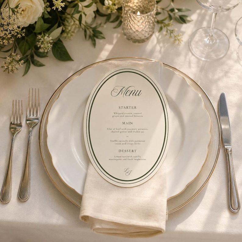 May include: An oval-shaped paper menu with dark green border lines, featuring the text Menu, Starter, Main, and Dessert, placed on a white plate with a gold rim. The menu includes detailed food descriptions and the initials LJ at the bottom.