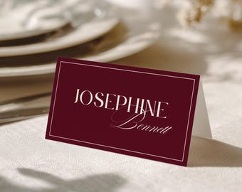 Old Money Wedding Place Card Template, Elegant Burgundy Name Tags, Flat or Folded Printable Seating Cards, Editable Canva Template, BUR01