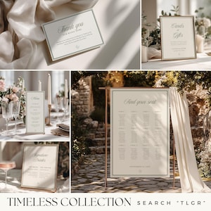 Pu&ograve; includere: Una collezione di articoli di cancelleria per matrimoni composta da cartoncini color crema con bordi a doppia linea verde scuro e un'elegante tipografia serif. Il set include un biglietto di ringraziamento, un cartello per regali, un menu e un tableau.