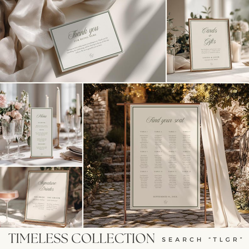 Pu&ograve; includere: Una collezione di articoli di cancelleria per matrimoni composta da cartoncini color crema con bordi a doppia linea verde scuro e un'elegante tipografia serif. Il set include un biglietto di ringraziamento, un cartello per regali, un menu e un tableau.