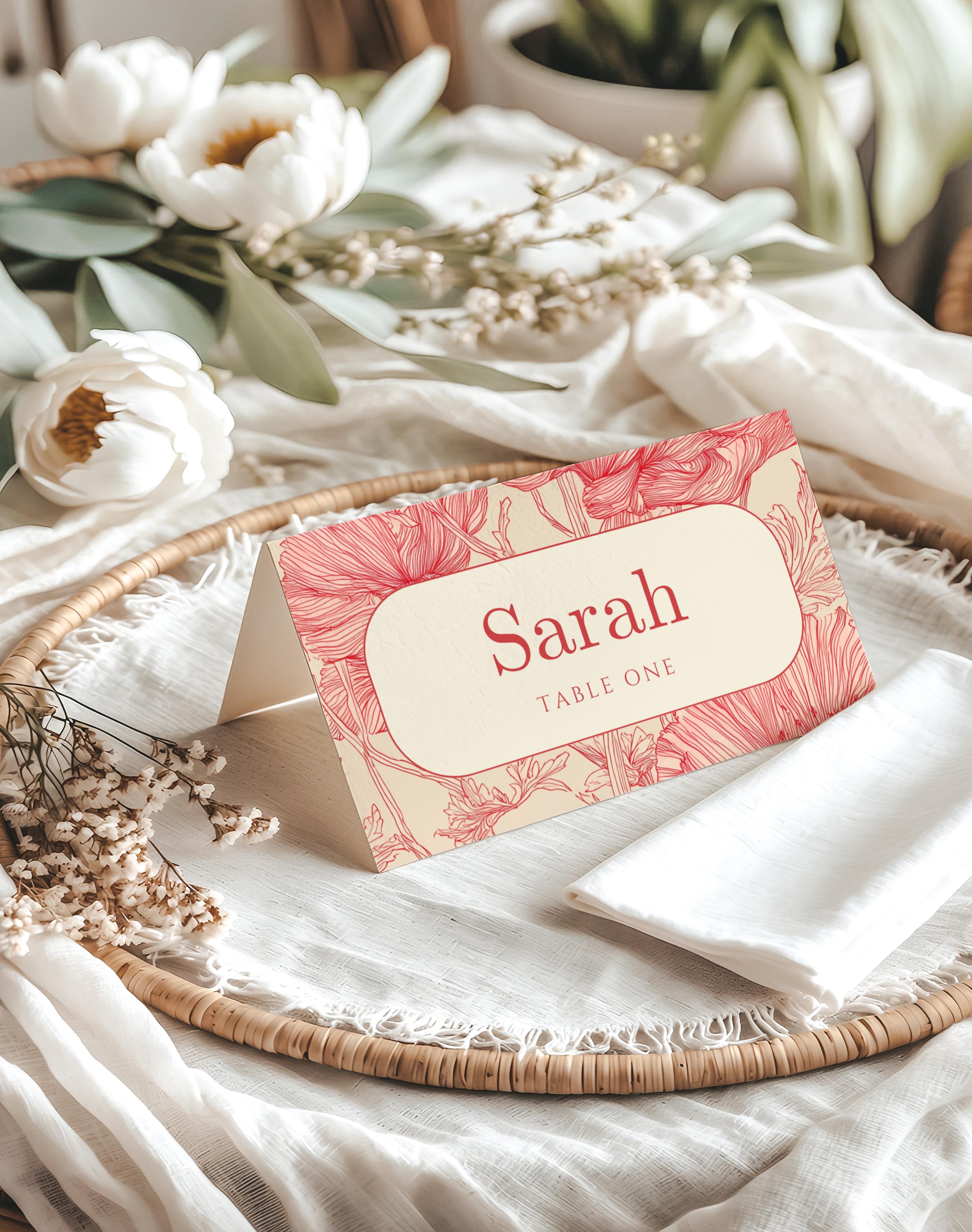 Vintage Red Folded Place Card Template, Tented Printable Name Cards