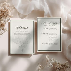 Mot de bienvenue de mariage intemporel et programme d'itinéraire de week-end, modèle de lettre de bienvenue éditable sur toile, carte d'insertion de mariage de luxe à l'ancienne TLGR