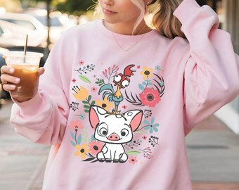 Disney Moana Sweatshirt, Hei Hei and Pua Floral Hoodie, Moana Princess Sweat, Disney Trip, Disneyland Sweatshirt, Disney World Sweatshirt