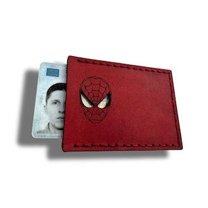 Personalized Spidey ID Card Holder: Handcrafted Leather Superhero Wallet