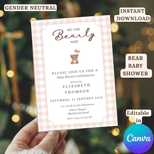 Editable Gender Neutral Bear Baby Shower Invitation, We Can Bearly Wait Baby Shower Invite, Brown Boho Bear Baby Shower, Neutral Bear Invite
