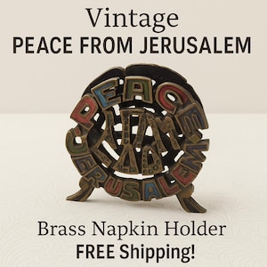 Vintage Brass Napkin Holder – Peace from Jerusalem – Hand Painted Judaica Souvenir – Mid Century Israeli Table Decor – Free Shipping