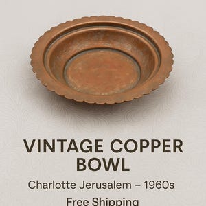 Vintage Copper Bowl Charlotte Jerusalem, Handmade Mid-Century Israeli Judaica, Patina Hammered Decorative Metal Bowl, 1960s Rustic Decor
