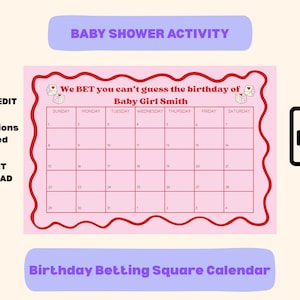 Baby Shower Game Activity Betting Squares Editable Printable Due Date Prediction Calendar Fun Baby Pool Game, Baby Girl