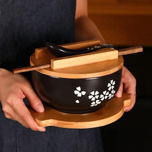 Japanese Ceramic Noodle Bowl with Lid Spoon | Instant Noodle, Soup, Rice Bowl | Restaurant Style Tableware | Gift for Food Lovers