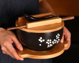 Japanese Ceramic Noodle Bowl with Lid Spoon | Instant Noodle, Soup, Rice Bowl | Restaurant Style Tableware | Gift for Food Lovers
