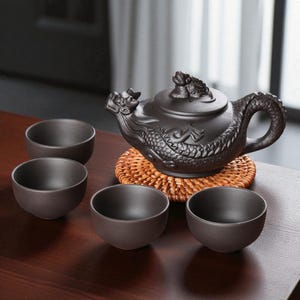 Handmade Japanese Clay Teapot Set | Small Ceramic Teapot with Filter 4 Cups | Pure Craft Tea Set | Minimalist Gift for Tea Lovers