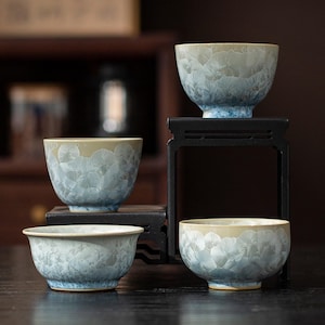 Crystal Glaze Japanese Tea Cup | Kiln-Changed Ceramic Ice Flower Host Cup | High End Single Cup with Gift Box | Personal Tea Set Accessory